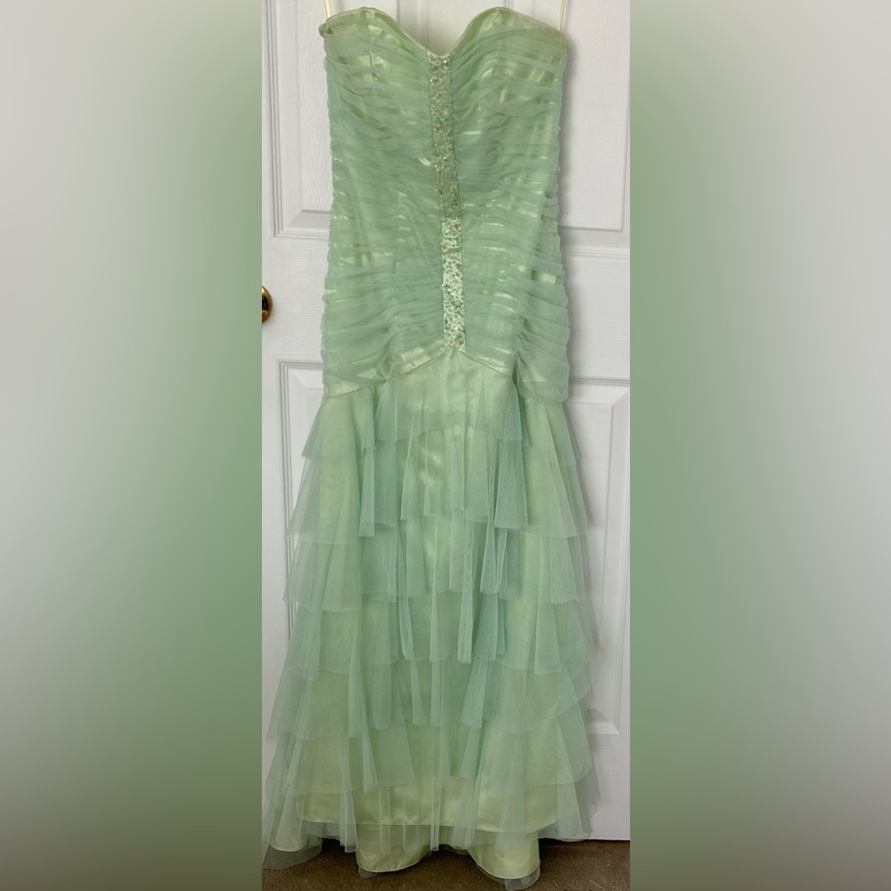 light green long and strapless dress (could also be worn around the neck)